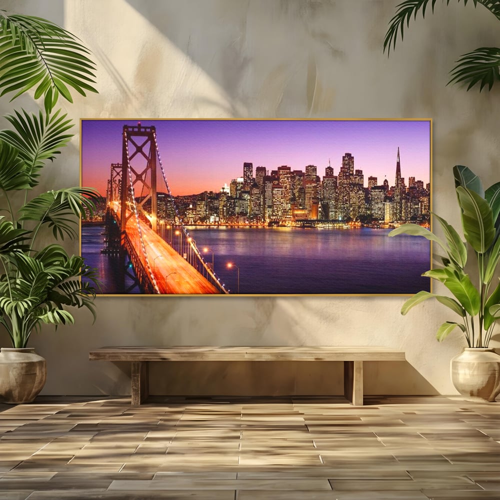 Tablou canvas cu tablou canvas cu podul si orasul san francisco noaptea, in rama de aluminiu auriu